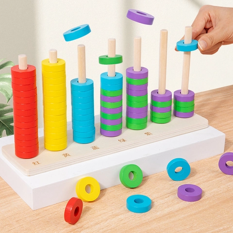 Holz Montessori Lernspielzeug Regenbogen Ring Rechenrahmen Frühes Lernen Farberkennung Stapelspiel Für Kinder