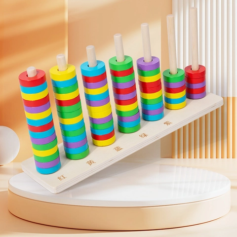 Holz Montessori Lernspielzeug Regenbogen Ring Rechenrahmen Frühes Lernen Farberkennung Stapelspiel Für Kinder