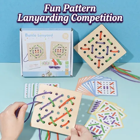 Wooden Lacing Board Battle Game For Children Educational Fine Motor Skills Training Montessori Toy With Colored Ropes Pattern Cards