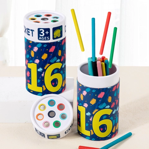 Giocattolo in Legno Montessori Selezione Colore per Bambini Secchio Educativo Bastoncini Dischi Colorati Regalo Sviluppo