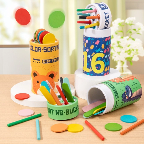 Giocattolo in Legno Montessori Selezione Colore per Bambini Secchio Educativo Bastoncini Dischi Colorati Regalo Sviluppo