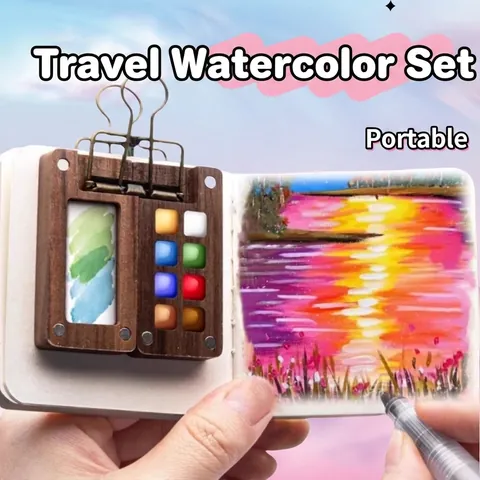 Mini Wooden Watercolor Palette Magnetic Folding Walnut Paint Box Portable Travel Artist Sketching Tray For Students Painters
