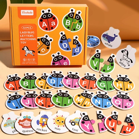 Puzzle di Abbinamento Alfabeto Coccinella in Legno Cognizione Illuminazione Giocattolo Educativo per Bambini Apprendimento Precoce Gioco di Parole Montessori