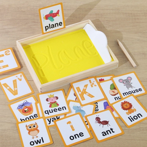 Educatief Montessori Houten Zand Schrijfbord Voor Kinderen Engels Alfabet Woord Leren Zandbak Speelgoed Met Flitskaarten En Pen