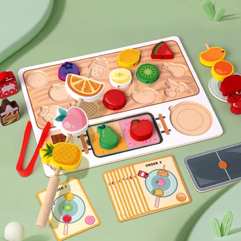 Wooden Montessori Fruit Tanghulu Toy Set For Kids Educational Kitchen Role Play Fine Motor Skills Matching Game Toy Gift