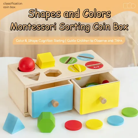 Giocattolo Montessori Scatola di Legno per Monete Corrispondenza Forme e Colori per Bambini Scatola di Classificazione Geometrica in Legno Educativa per Coordinazione Occhio-Mano