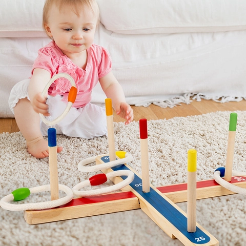 Gioco del Lancio degli Anelli in Legno per Bambini Giocattolo Educativo Prescolare Coordinazione Occhio-Mano Allenamento Logico