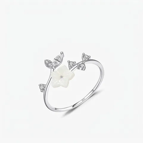 Anello Aperto in Argento Sterling 925 per Donna Elegante Fiore di Camelia in Madreperla con Zirconia Intarsiata Regolabile