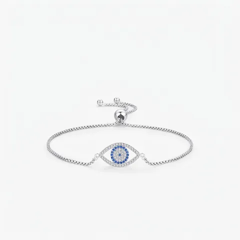 Bracciale Regolabile in Argento Sterling 925 Occhio del Diavolo per Donna Zirconia Blu Intarsiata Catena a Scatola Gioielli