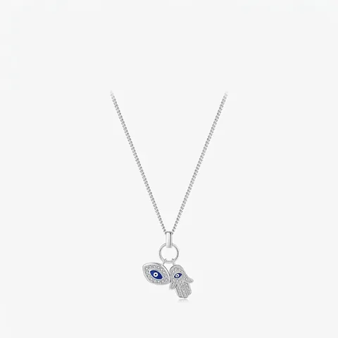 Collana con Ciondolo Mano di Fatima e Malocchio in Argento Sterling 925 Retro Smalto Blu Zirconia Intarsiata Catenina da Clavicola Gioielli Donna