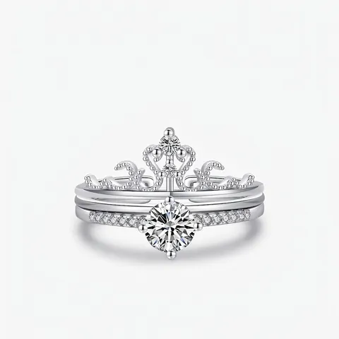 French Vintage 925 Sterling Silver Crown Ring Set For Women Adjustable Zirconia Double Layer Stackable Wedding Jewelry