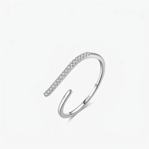 Anillo Abierto de Plata de Ley 925 para Mujer Minimalista Línea Geométrica Anillo Ajustable con Engaste Pavé de Circonia Joyería
