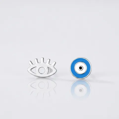 Pendientes de Botón Asimétricos de Plata de Ley S925 Ojo Turco Azul Para Mujer Esmalte Circonia Joyería Regalo