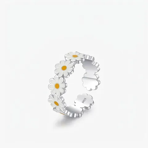 925 Sterlingsilber Süße Gänseblümchen Blume Offener Ring Für Damen Emaille Weiß Gelb Gänseblümchen Verstellbar Mori Stil Schmuck Geschenk