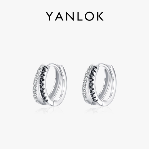 Orecchini a Cerchio Doppio Strato in Argento Sterling 925 con Zirconia Bianchi e Neri Eleganti Minimalisti Gioielli Moda Donna