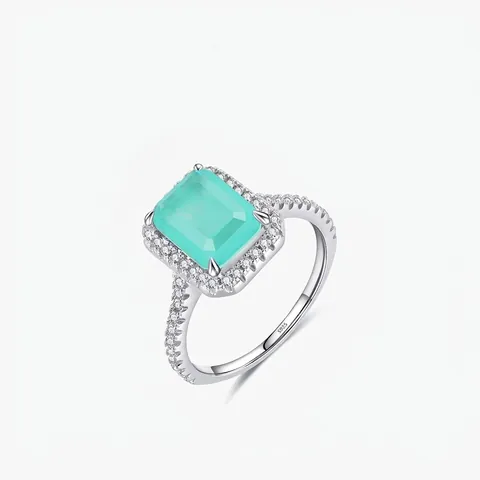 Elegant 925 Sterling Silver Rectangle Paraiba Emerald Green Zirconia Ring Elegant Vintage Halo Style Ring For Women Anniversary Jewelry Gift