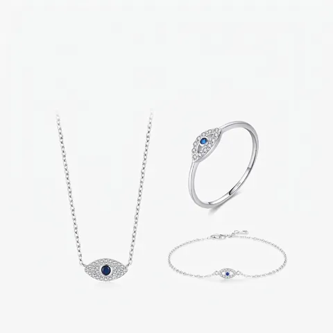 S925 Sterling Silber Böser Blick Schmuckset Für Damen Exquisite Pave Zirkonia Halskette Armband Ring Eingelegt Blau Stein Schmuck Geschenk