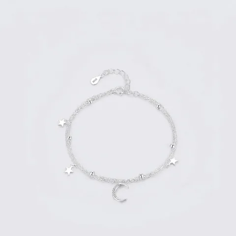 Pulsera con Colgante de Estrella y Luna de Doble Capa de Plata de Ley S925 Joyería de Moda Coreana con Circonia Incrustada para Mujer
