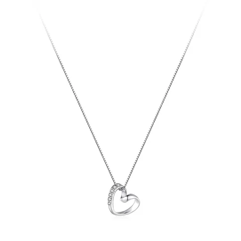 925 Sterling Silver Asymmetric Heart Pendant Necklace For Women Zirconia Inlaid Box Chain Sweet Fashion Jewelry Gift