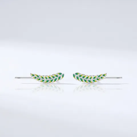 S925 Sterling Silver Enamel Leaf Stud Earrings For Women Forest Style Green Gradient Plant Fashion Jewelry Ear Climber
