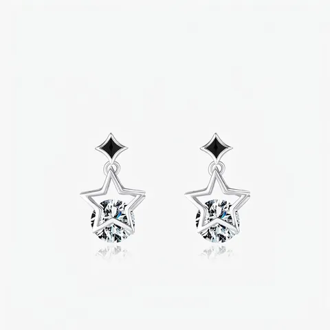 YANLOK 925 Argento Sterling Orecchini a Bottone Stella Donna Incavo Pentagramma Zirconia Intarsiato Coreano Dolce Smalto Nero Gioielli