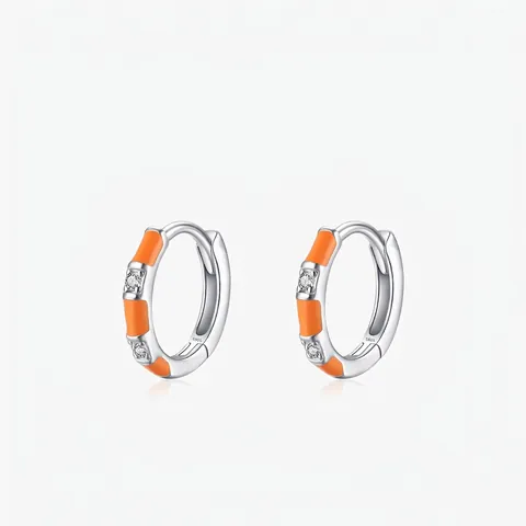 925 Sterling Silver Orange Enamel Zirconia Inlaid Hoop Earrings For Women Korean Ins Style Geometric Ear Buckle Jewelry