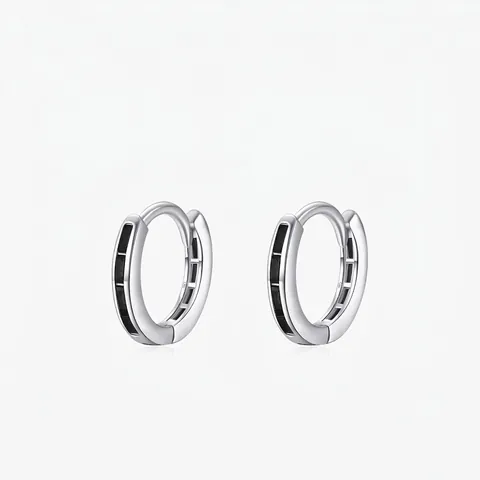 Orecchini a Cerchio Huggie in Argento Sterling 925 con Zirconia Intarsiato Geometrici Minimalisti Pietra Quadrata Nera Gioielli Regalo Donna