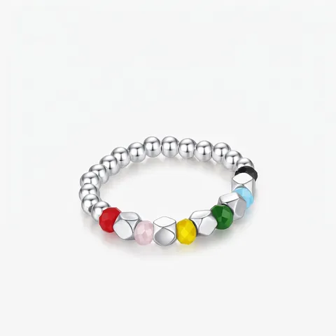 925 Sterling Silver Multicolor Beaded Ring Sweet Dopamine Style Faceted Rhinestone Adjustable Open Ring For Women Fashion Jewelry
