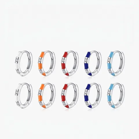 Pendientes de Aro de Plata de Ley 925 con Esmalte y Circonia Coloridos Dulces Estilo Ins Empalme Pendientes Pequeños Huggie para Mujer