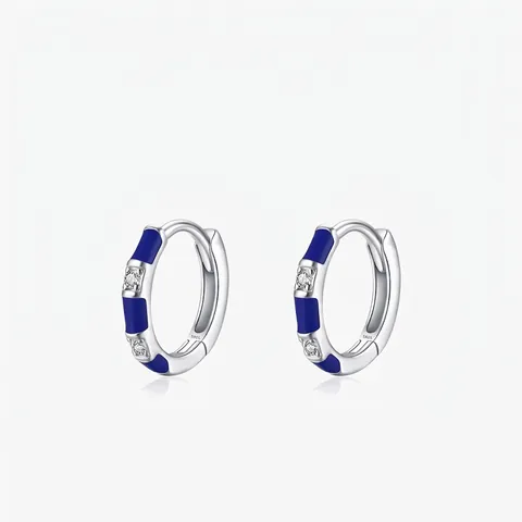 Pendientes de Aro de Plata de Ley S925 Esmalte Azul Con Circonia Vintage Geométrico Redondo para Mujer Joyería de Moda