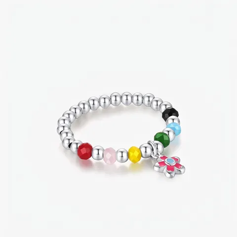 925 Sterling Silver Multi Color Beaded Flower Adjustable Ring For Women Sweet Enamel Floral Stretch Finger Ring Jewelry