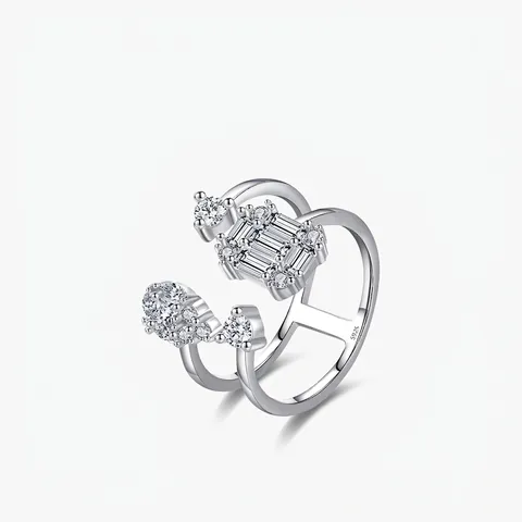 Anillo Abierto Geométrico de Doble Capa en Argento Sterling 925 Para Mujer Elegante Anillo Ajustable con Circonia en Forma de Gota