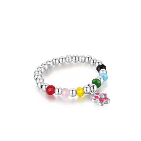 925 Sterling Silver Multi Color Beaded Flower Adjustable Ring For Women Sweet Enamel Floral Stretch Finger Ring Jewelry