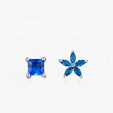 Asymmetric 925 Sterling Silver Flower Square Blue Zirconia Stud Earrings For Women Sweet Small Fresh Style Jewelry Gift