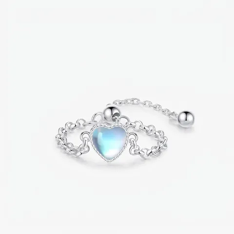 925 Sterling Zilveren Hart Maansteen Verstelbare Ring Voor Dames Zoete Feeënstijl Dunne Ketting Ring Minimalistische Sieraden