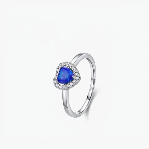 925 Sterling Silver Blue Artificial Opal Heart Ring For Women Vintage Luxurious Zirconia Inlaid Finger Ring Jewelry Gift