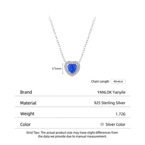 925 Sterling Silver Heart Shaped Blue Artificial Opal Necklace For Women Sparkling Zirconia Clavicle Chain Jewelry
