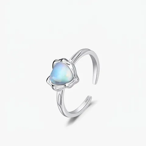 Elegant 925 Sterling Silver Heart Moonstone Open Ring Adjustable Simple Style Fashion Jewelry Finger Ring Gift For Women