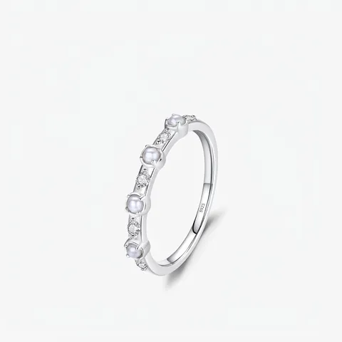 Elegante Anello in Argento Sterling 925 con Perle Artificiali per Donna con Zirconia Intarsiata Sottile Anello da Dito