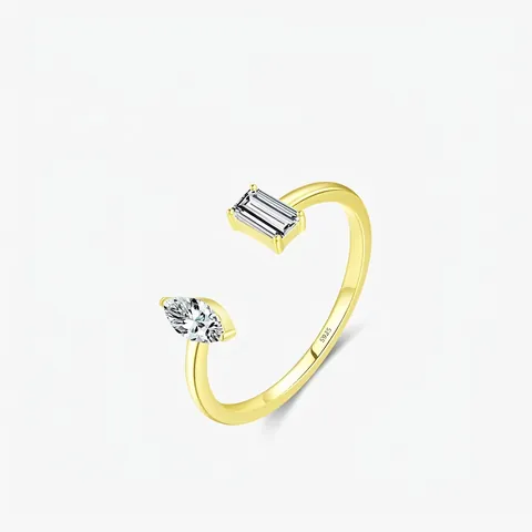 925 Sterlingsilber Vergoldet Geometrisch Offen Ring Damen Doppel Zirkonia Zart Baguette Marquise Verstellbar Fingerring