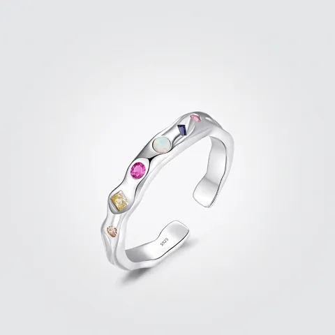 925 Sterlingsilber Unregelmäßiger Welle Offener Ring Für Damen Bunter Zirkonia Eingelegter Verstellbarer Fingerring Schmuck