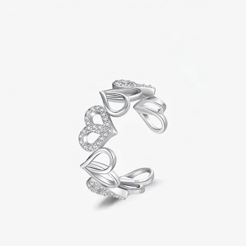 Anello Aperto a Cuore Cavo in Argento Sterling S925 per Donna Gioiello Regolabile Intarsiato con Zirconia a Forma di Cuore