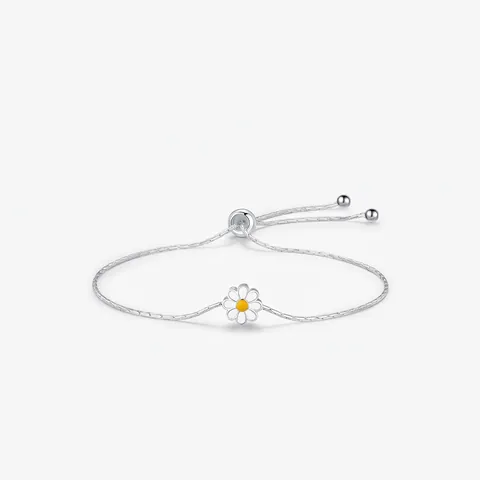 Pulsera Ajustable de Margarita de Plata de Ley S925 para Mujer Flor de Esmalte Blanco Joyería de Moda de Estilo Coreano Minimalista