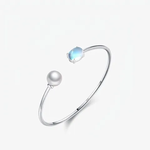 Bracciale Rigido Aperto in Argento Sterling 925 con Perla e Pietra di Luna Donna Eleganza Francese Strass Gioielli Regolabili