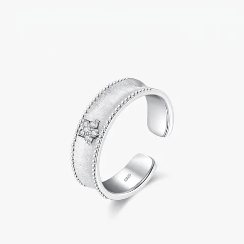 Anello Aperto in Argento Sterling 925 a Forma di Fiore per Donna Minimalista Opaco Zirconia Regolabile Regalo Gioielli di Lusso