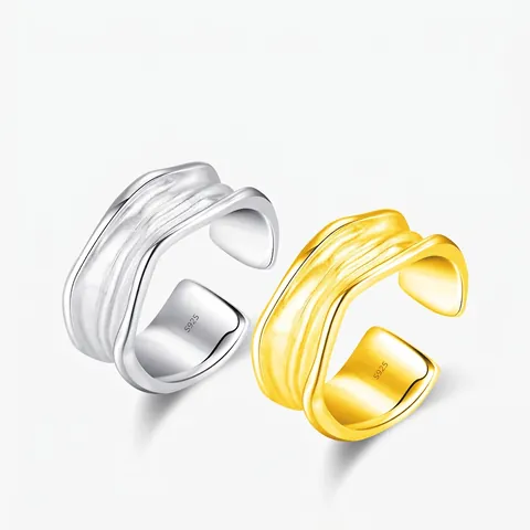 Anello Regolabile Aperto in Argento Sterling 925 con Trama a Onde Irregolari Stile Metallo Liquido Minimalista Gioielli da Donna Regalo