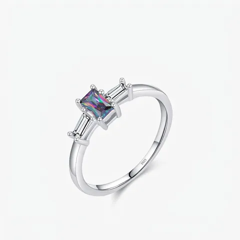 S925 Sterling Silver Ring For Women Square Multicolor Zirconia Inlaid Three Stone Geometric Light Luxury Band Ring Jewelry Gift