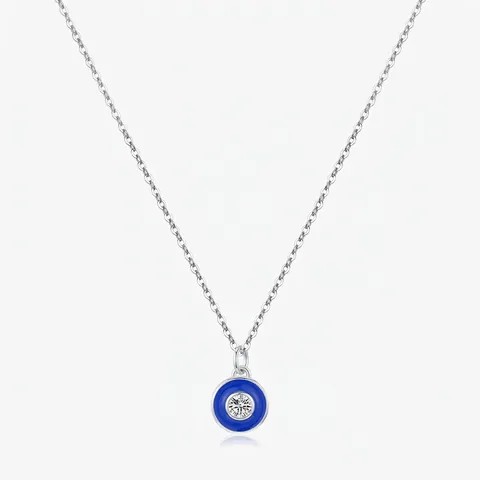 Collar con Colgante Redondo de Plata de Ley 925 Esmalte Azul Klein para Mujer Diseño de Nicho Simple Joyería con Circonia