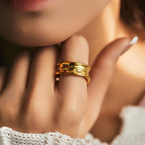 Anello Regolabile Aperto in Argento Sterling 925 con Trama a Onde Irregolari Stile Metallo Liquido Minimalista Gioielli da Donna Regalo
