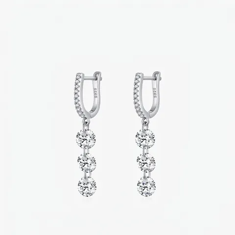Pendientes de Gota de Plata de Ley 925 con Tres Circonias Redondas Joyería de Oreja Geométrica Vertical para Mujer Estilo Coreano